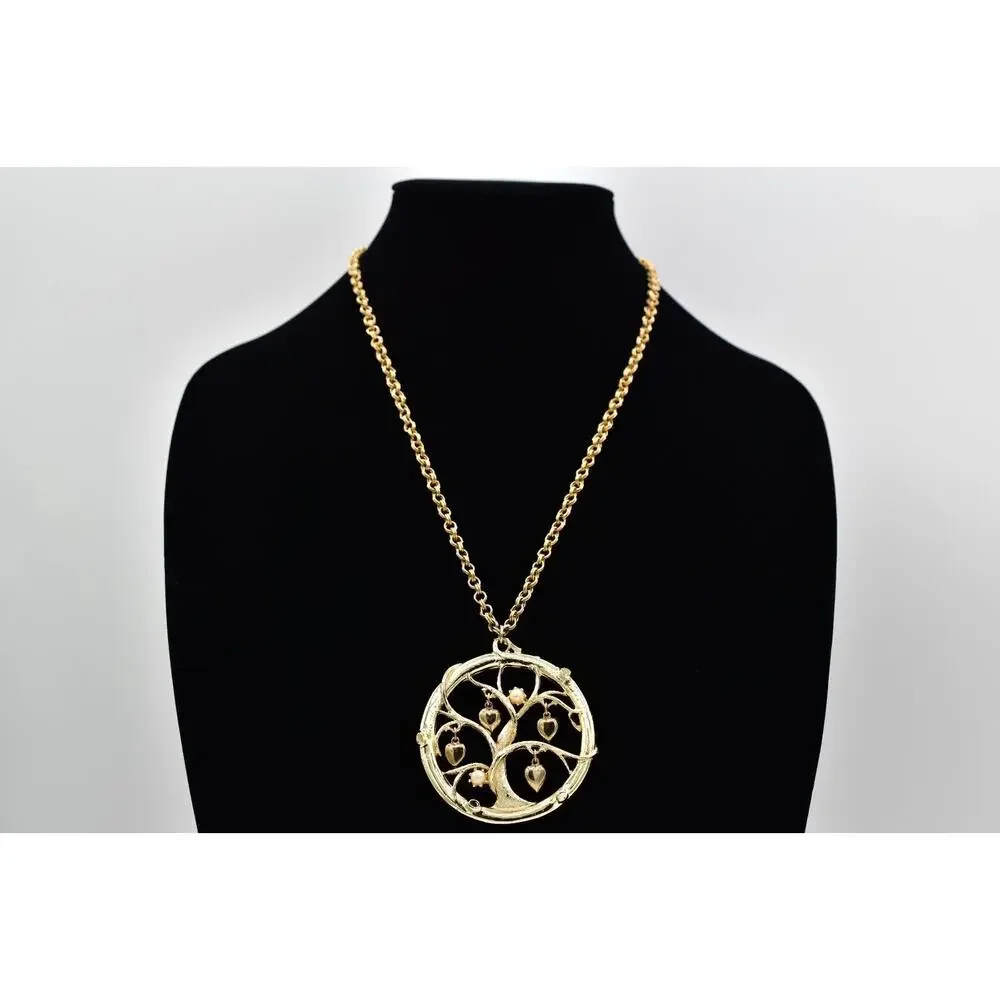 Vintage Tree Heart Pendant Necklace Pearl Charm Gold Tone Chunky 1970s BinBL